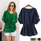 Linen-Blend Loose-Cut Casual Short Sleeve Top with Belt