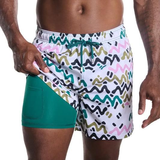 Line Rush, Híbrido corto de orquídea y kelp, Bañador y pantalón corto de resort con forro de compresión