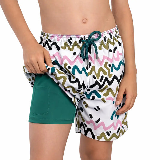 Line Rush, pantalón corto híbrido de niño de orquídeas y algas marinas, para natación y juego