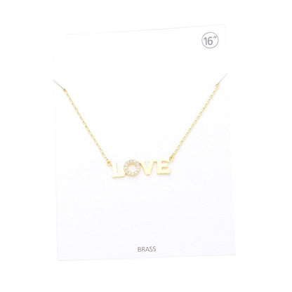 LOVE Rhinestone Embellished Brass Metal Message Pendant Necklace