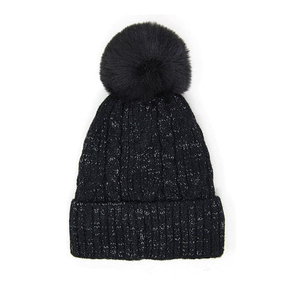 Lurex Accented Solid Cable Knitted Pom Pom Beanie Hat