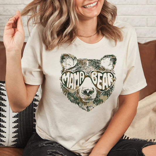 "Mama Bear" – Camo Print Motherhood Graphic Top