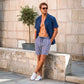Marina Pinstripe, Indigo and Surf Hybrid Short, Compression Lined Swim and Resort Trunk
