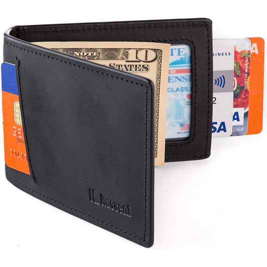 Cartera de cuero delgada para hombre con clip para billetes, plegable, minimalista, con bloqueo RFID para tarjetas