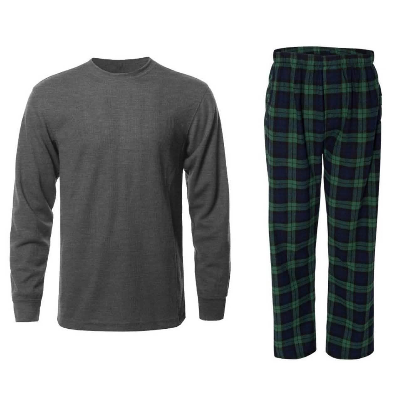 Conjunto de camiseta térmica de cuello redondo y pantalón de forro polar a cuadros para hombre