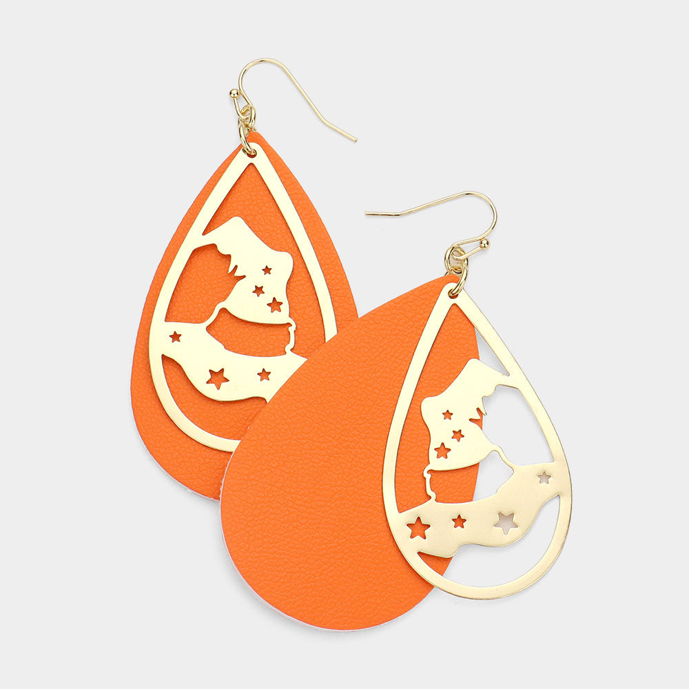 Metal Witch Hat Accented Faux Leather Teardrop Layered Dangle Earrings