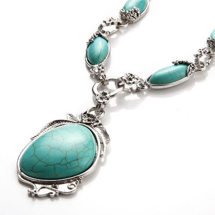 Novadab Collar Largo Plateado Tibet Turquesa de Plata Antigua