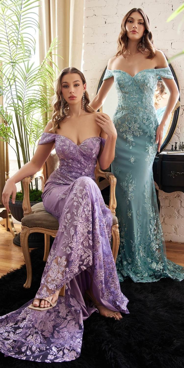 Vestido de Noche Estilo Sirena con Hombros Descubiertos y Adornos Ladivine OC014