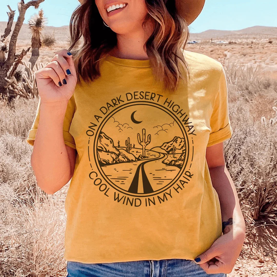 Retro Music Lyric Graphic Tee – "On A Dark Desert Highway"
