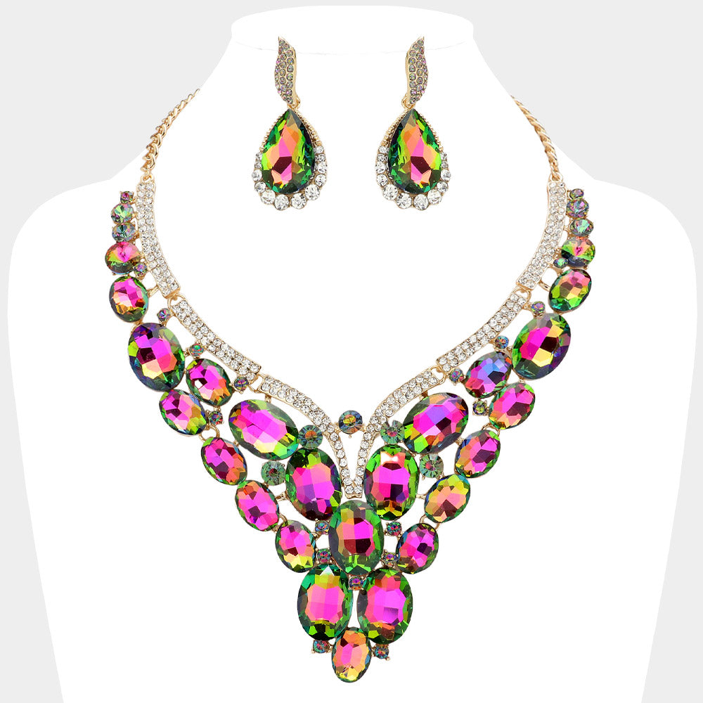 Oval Glass Stone Cluster Embellished Evening Necklace