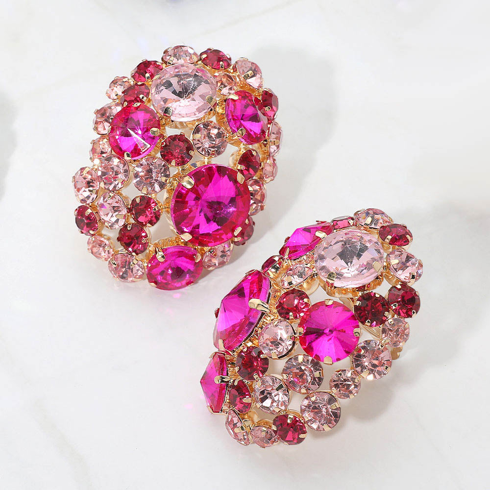 Women's Oversized Rhinestone Cluster Evening Clip On Earrings