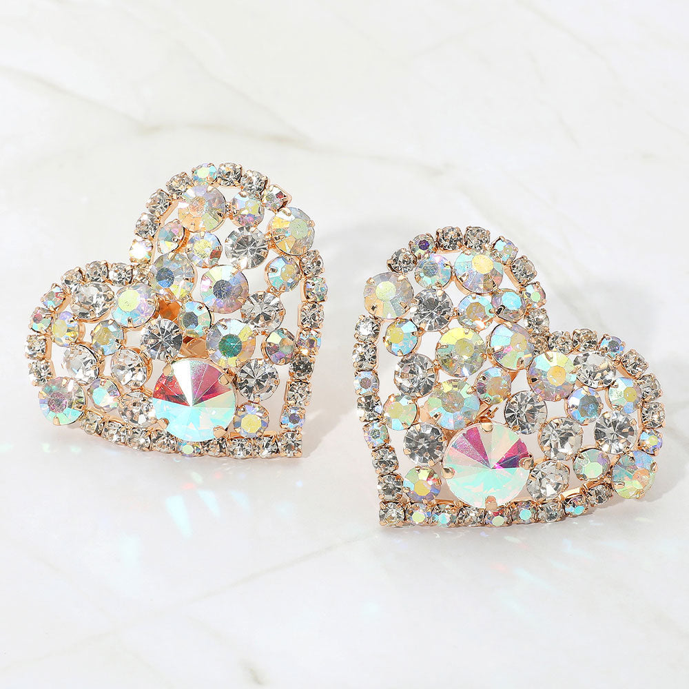 Oversized Rhinestone Cluster Heart Evening Clip On Earrings