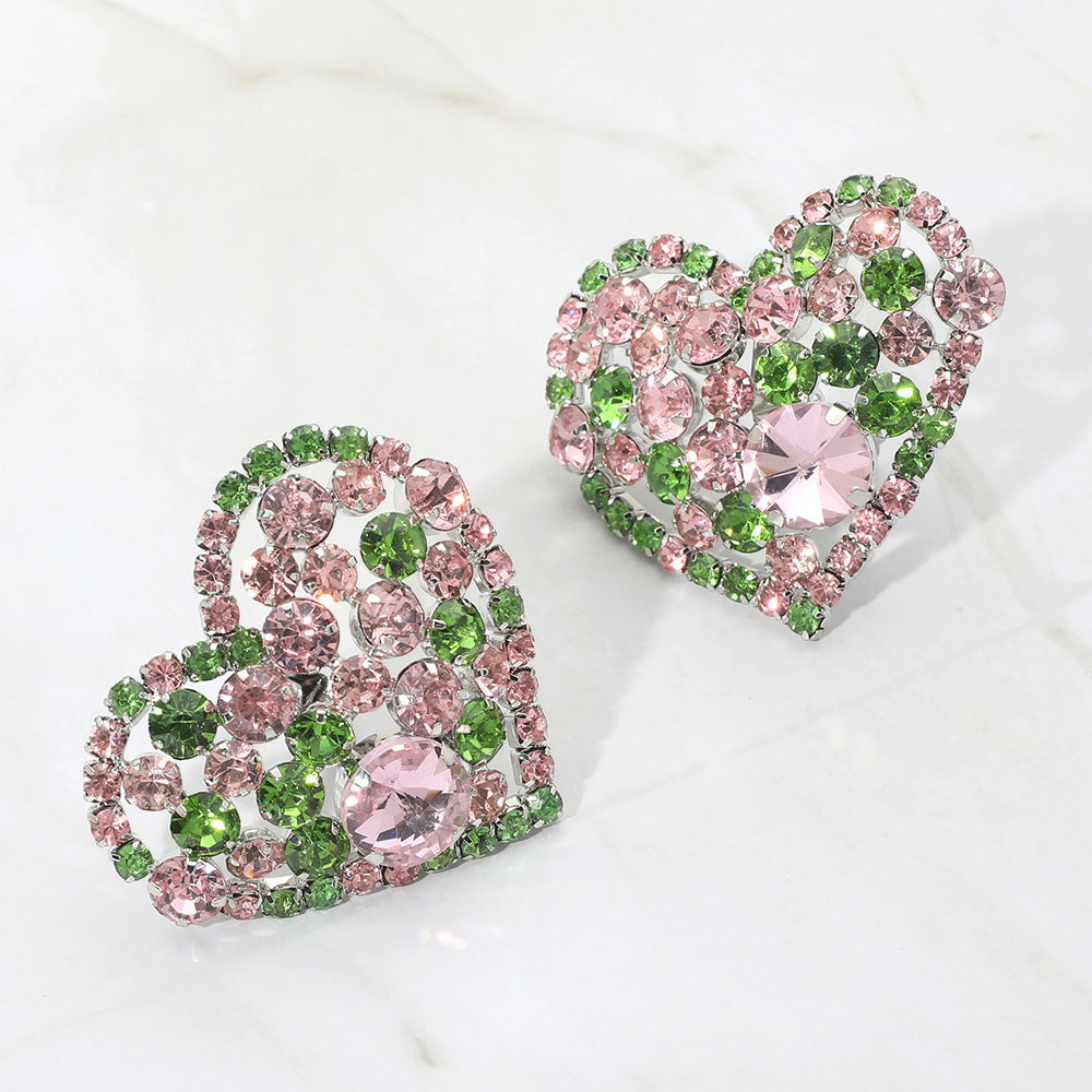 Oversized Rhinestone Cluster Heart Evening Clip On Earrings