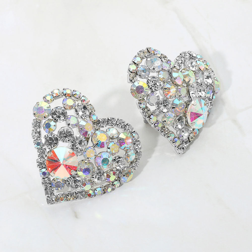 Oversized Rhinestone Cluster Heart Evening Clip On Earrings