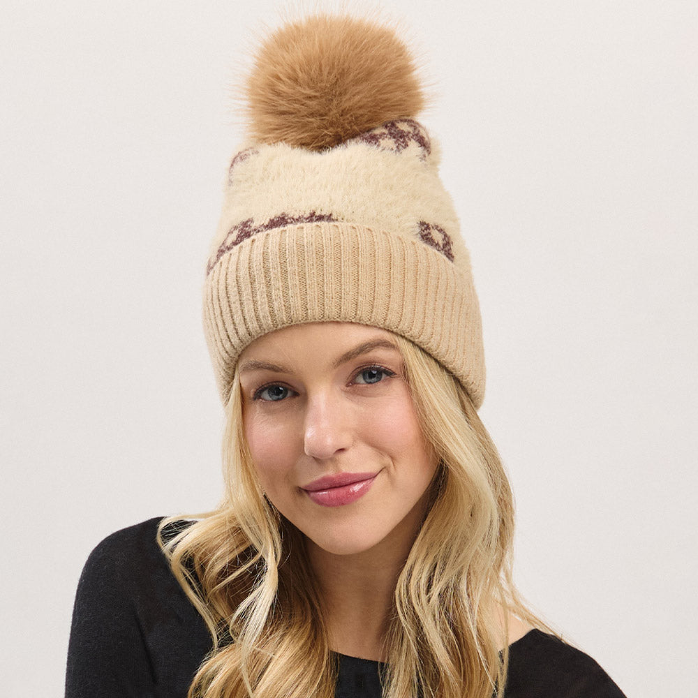 Paid Pattern Faux Fur Mixed Fleeced Pom Pom Winter Beanie Hat