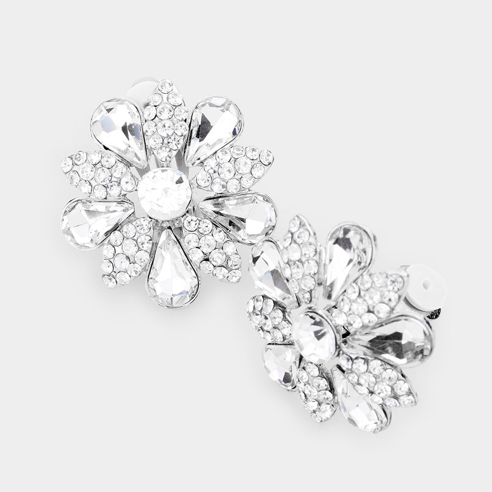 Pave Crystal Teardrop Floral Evening Clip On Earrings