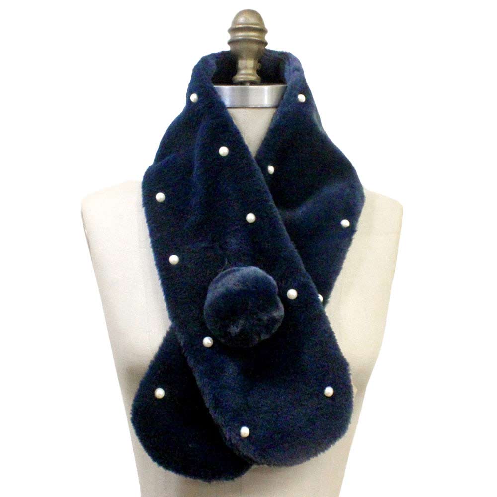 Pearl Embellished Faux Fur Pom Pom Pull Through Scarf