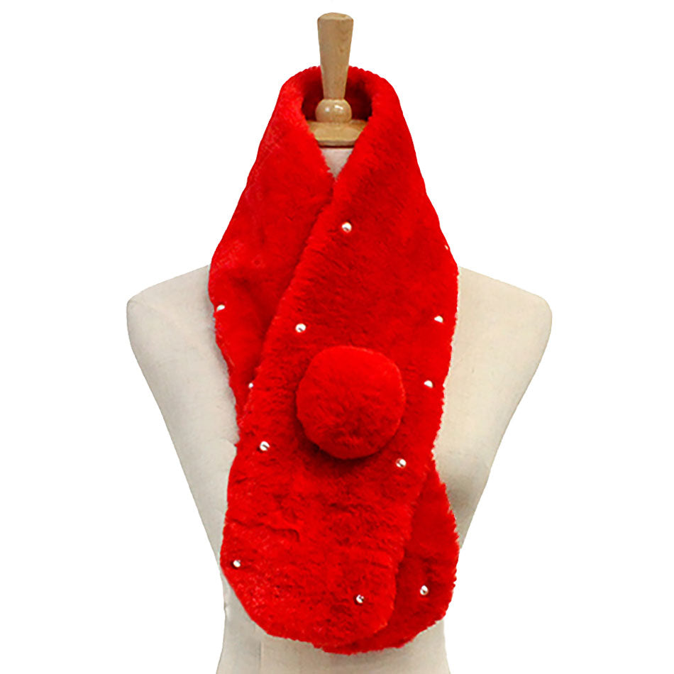 Pearl Embellished Faux Fur Pom Pom Pull Through Scarf