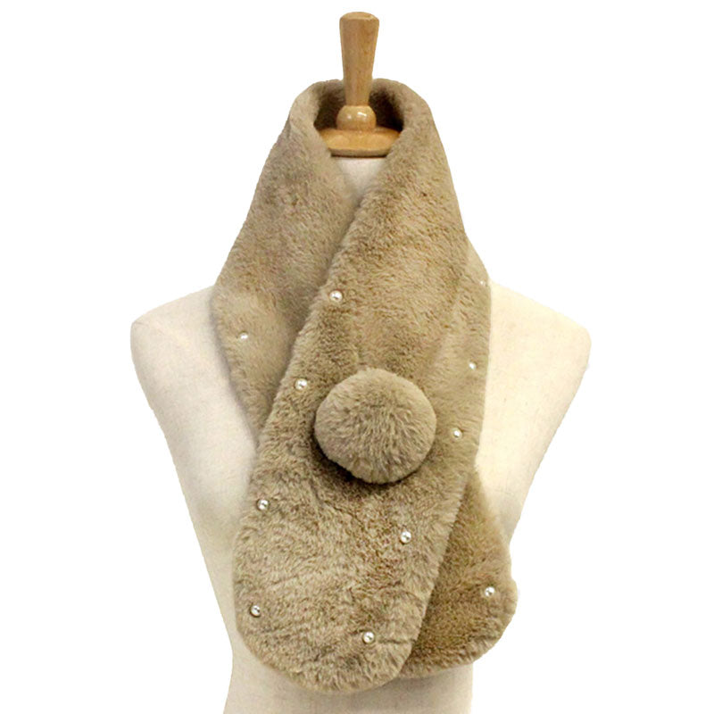 Pearl Embellished Faux Fur Pom Pom Pull Through Scarf