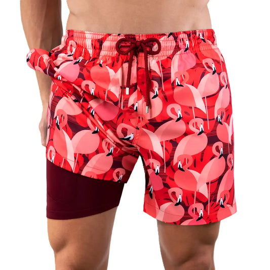 Bermuda híbrida Pink Flamingo, bañador y pantalón corto de resort con forro de compresión