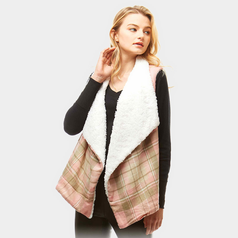 Plaid Faux Fur Lining and Pocket Vest