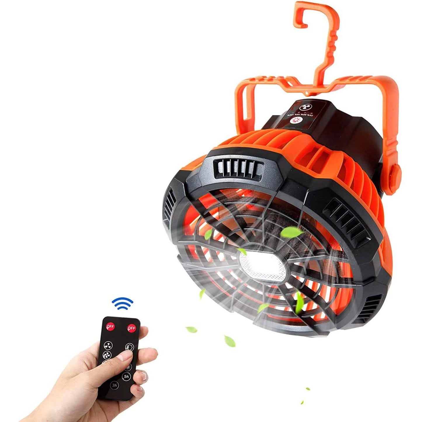 Ventilador de camping recargable con linterna LED y mando a distancia IR