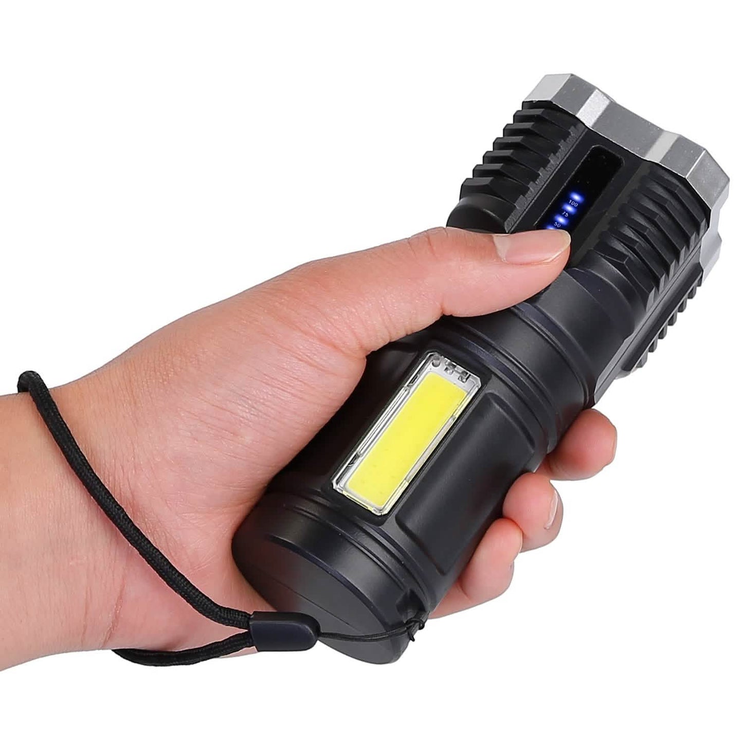 Linterna recargable LED de mano con correa, linterna superbrillante
