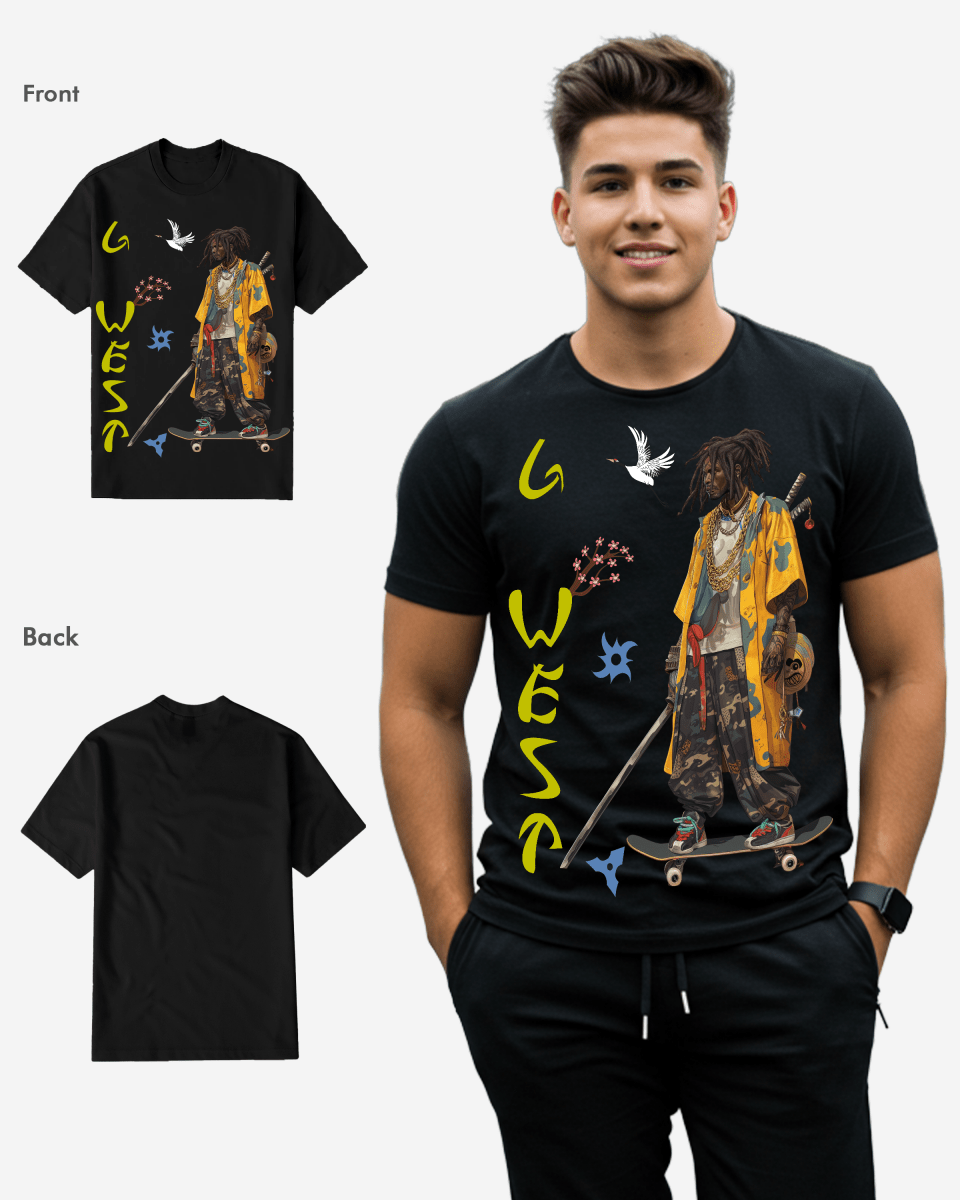G West Regular Fit Black Samurai Front Graphic T Shirt : Gwpbast5056 - 3 Colors