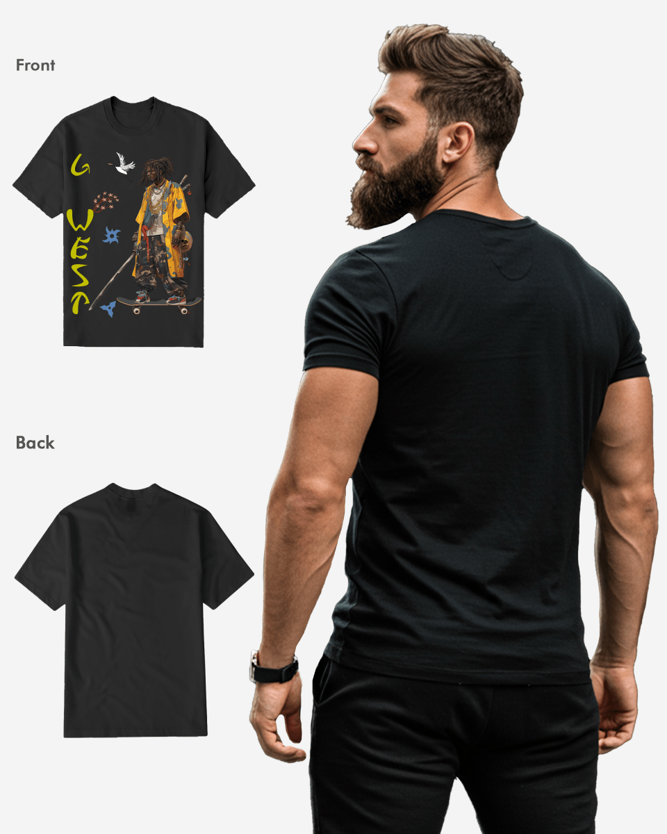 G West Regular Fit Black Samurai Front Graphic T Shirt : Gwpbast5056 - 3 Colors