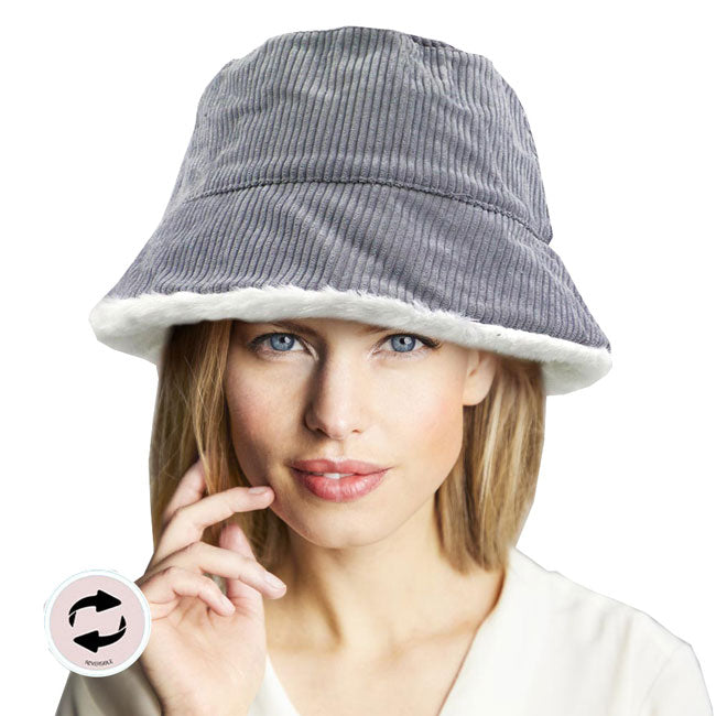 Reversible Corduroy Soft Faux Fur Bucket Hat