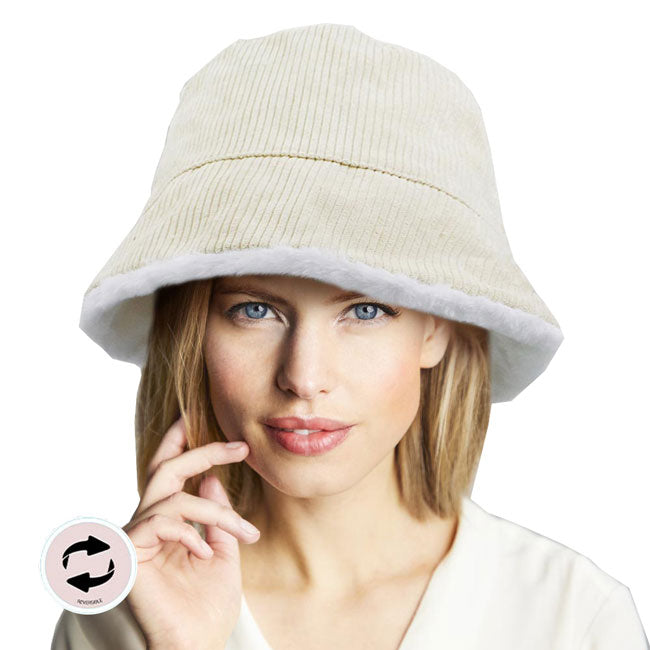 Reversible Corduroy Soft Faux Fur Bucket Hat