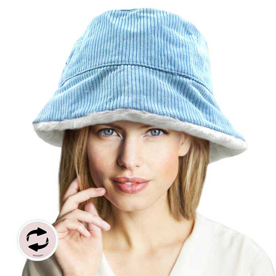 Reversible Corduroy Soft Faux Fur Bucket Hat