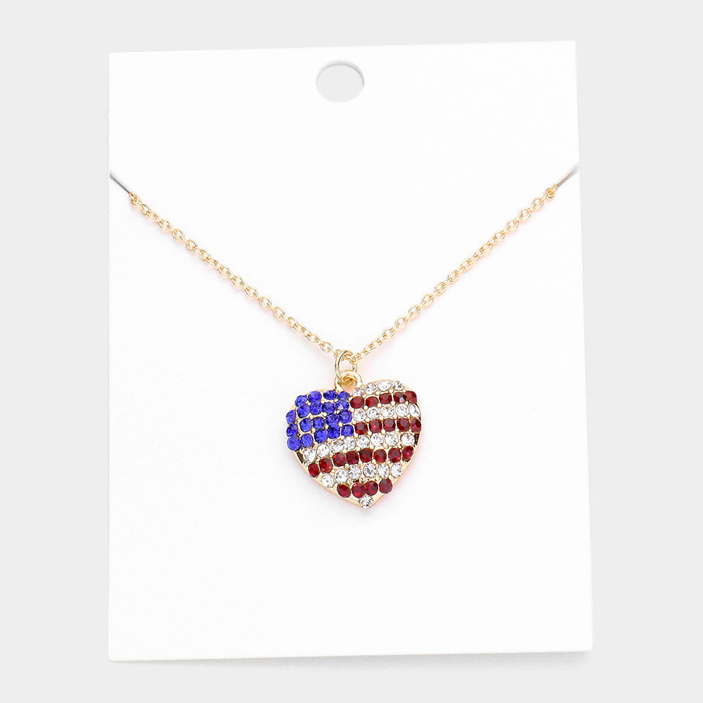 Women's Rhinestone Embellished American USA Flag Heart Pendant Statement Necklace 4th of July