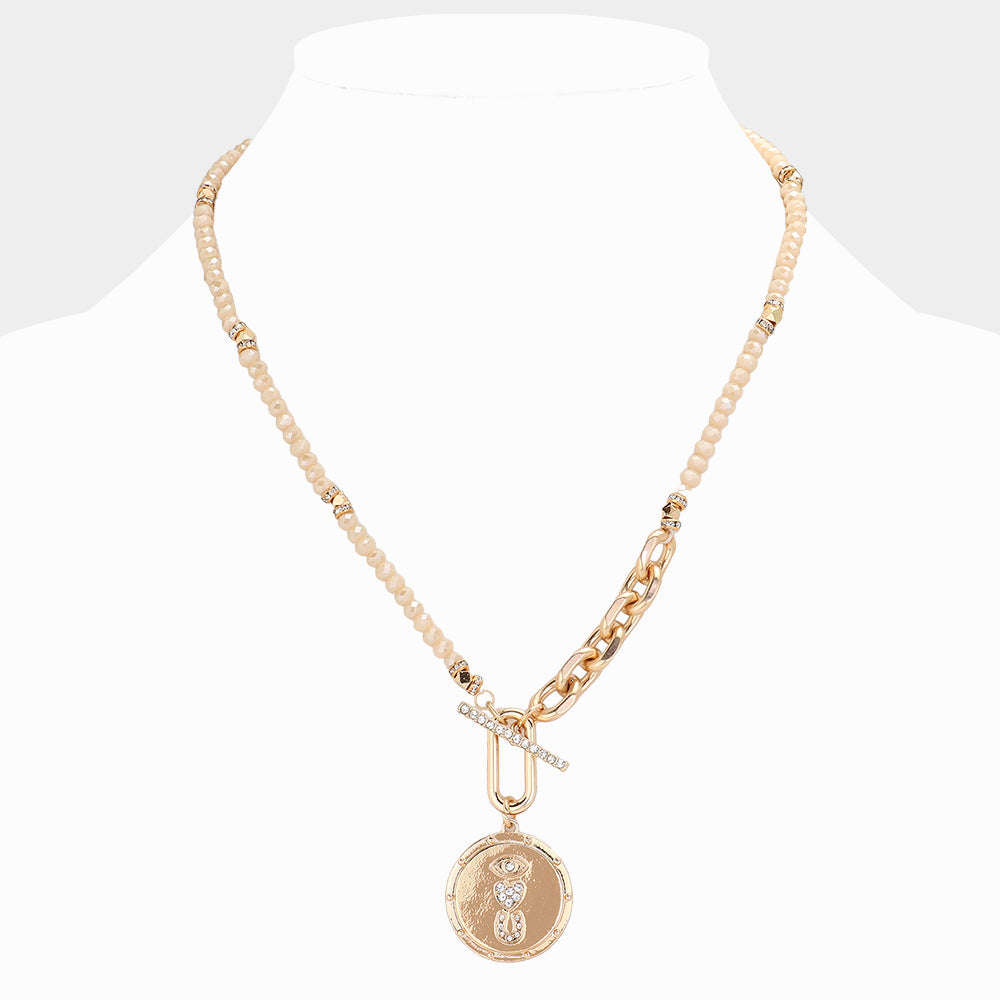 Rhinestone Evil Eye Heart Horseshoe Accented Metal Round Pendant Faceted Beaded Necklace