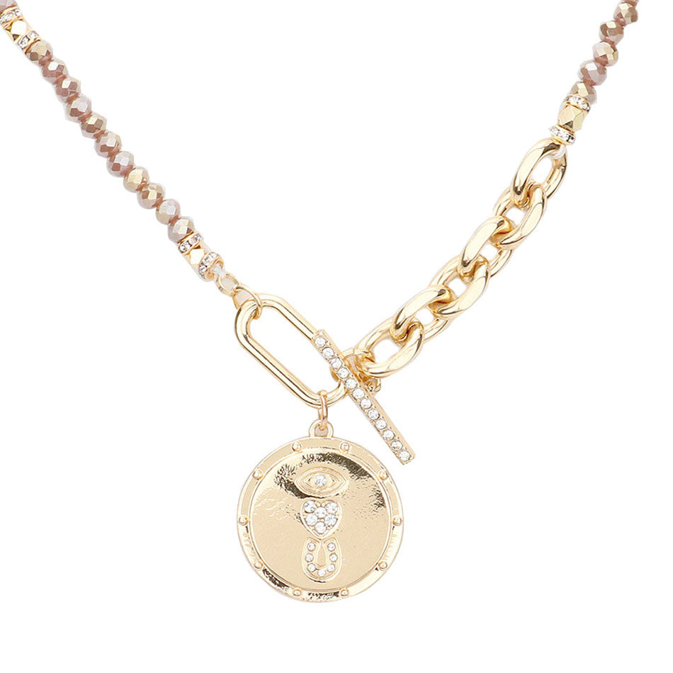 Rhinestone Evil Eye Heart Horseshoe Pendant Beaded Necklace