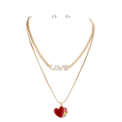 Rhinestone LOVE Message Enamel Heart Pendant Jewelry Set