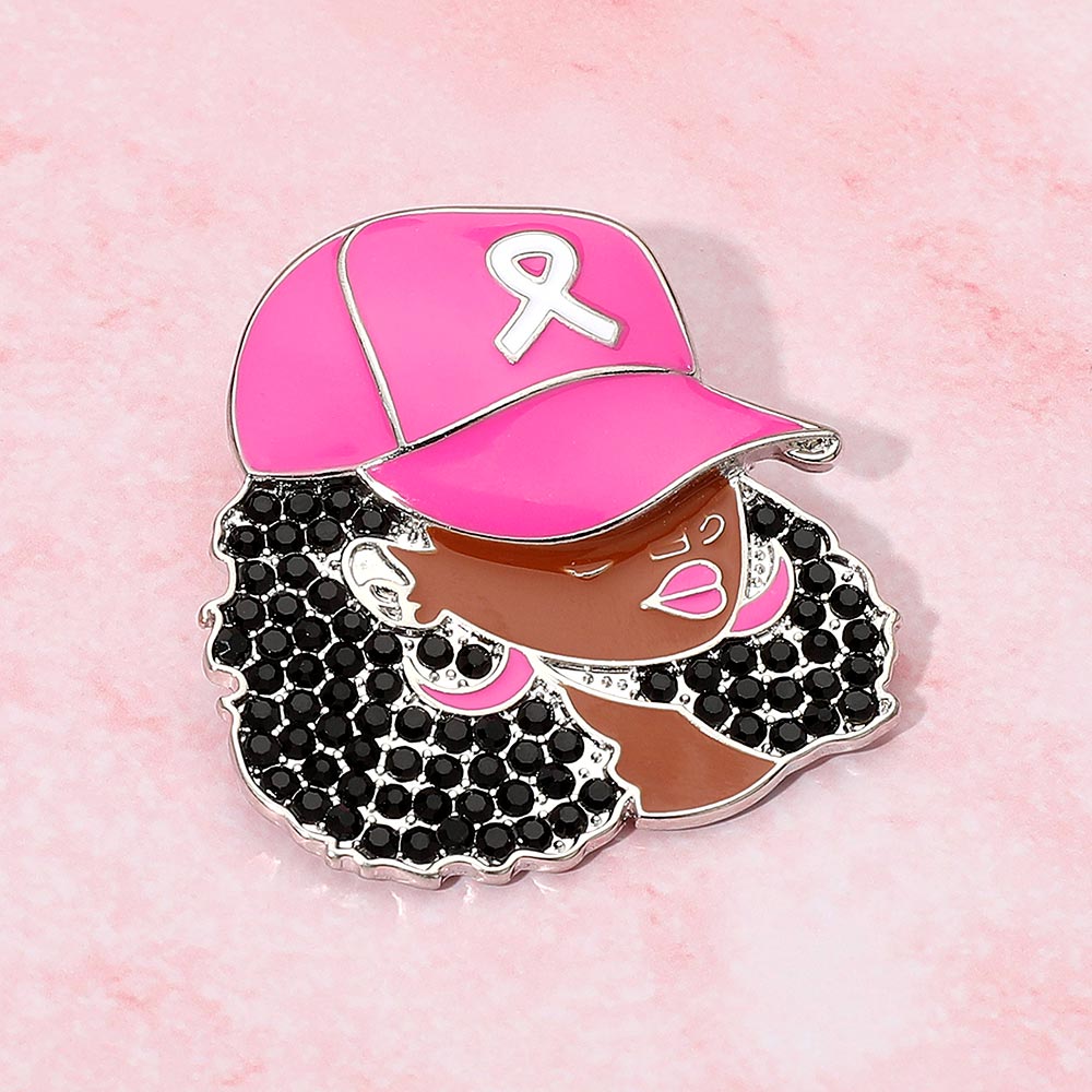 Women's Rhinestone Paved Cool Afro Woman in Awareness Pink Ribbon Cap Pin Brooch
