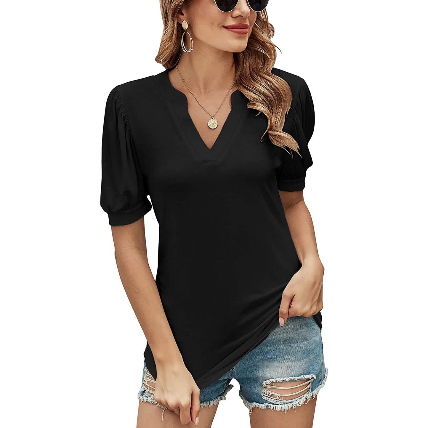 Romanstii Camisetas Casuales de Mujer Cuello en V Manga Corta Hinchada Suelta