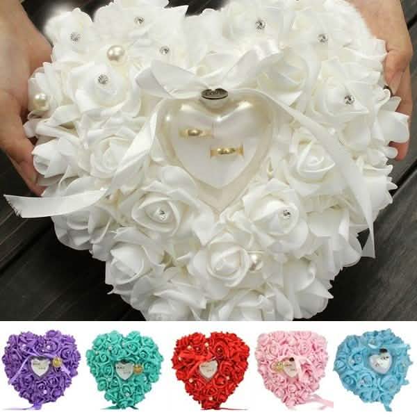 Almohada de rosa, cojín de corazón, porta anillos