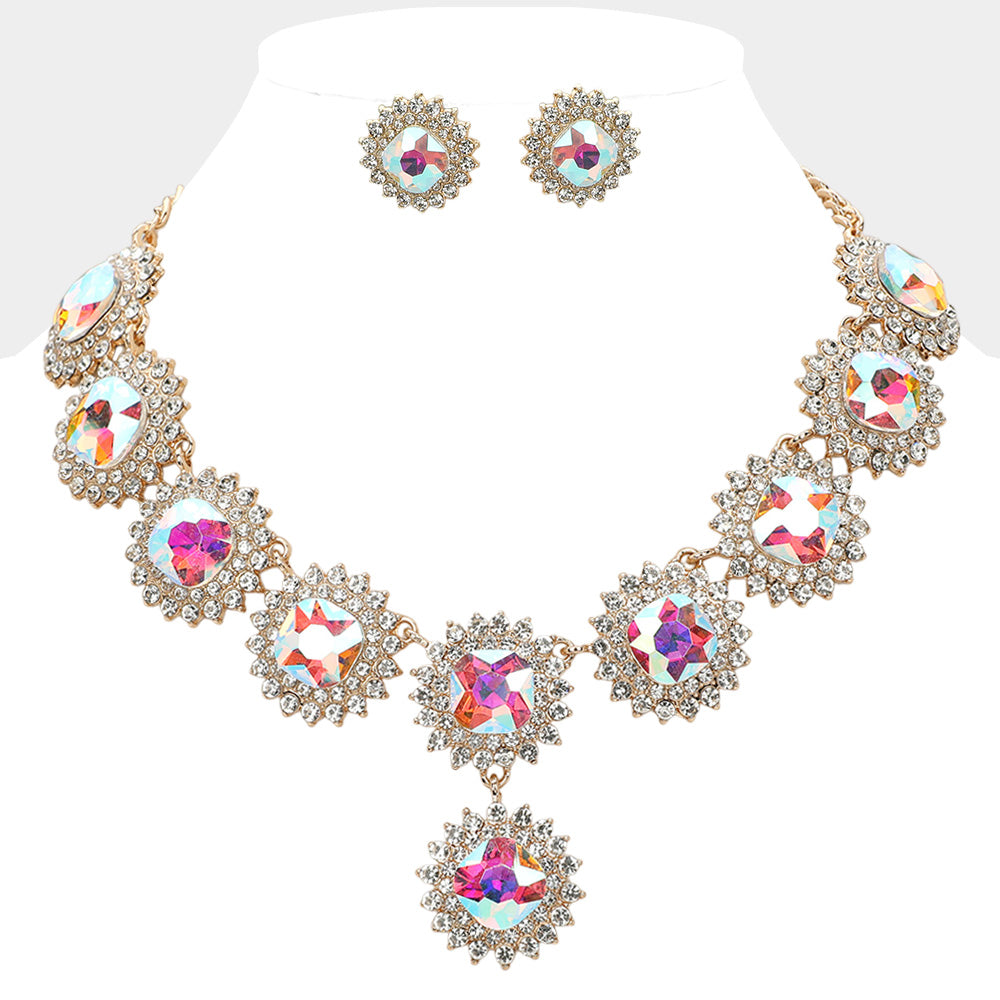 Round Glass Stone Cluster Link Evening Necklace