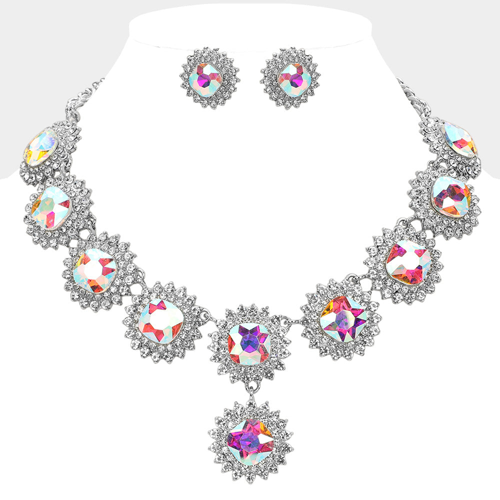 Round Glass Stone Cluster Link Evening Necklace
