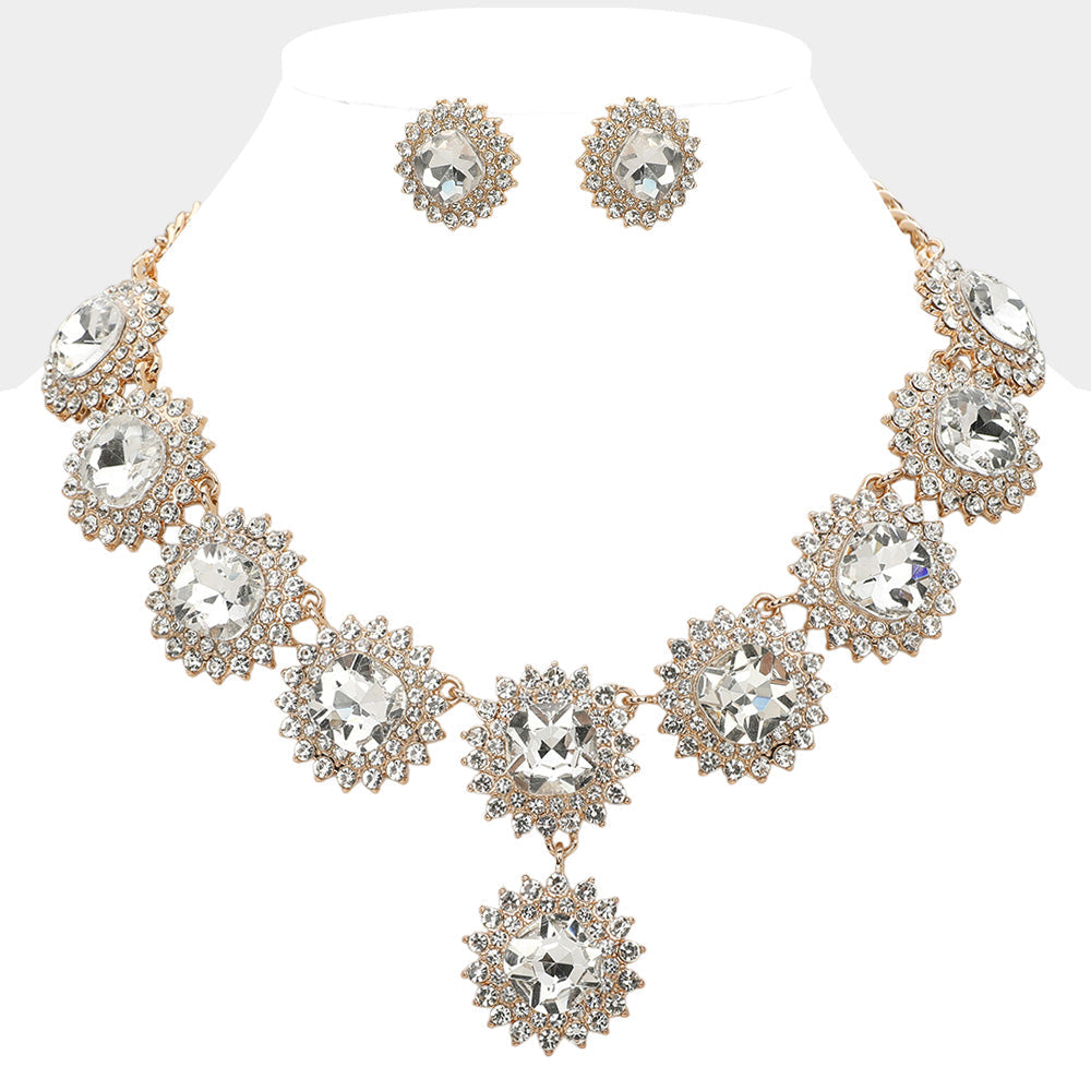 Round Glass Stone Cluster Link Evening Necklace