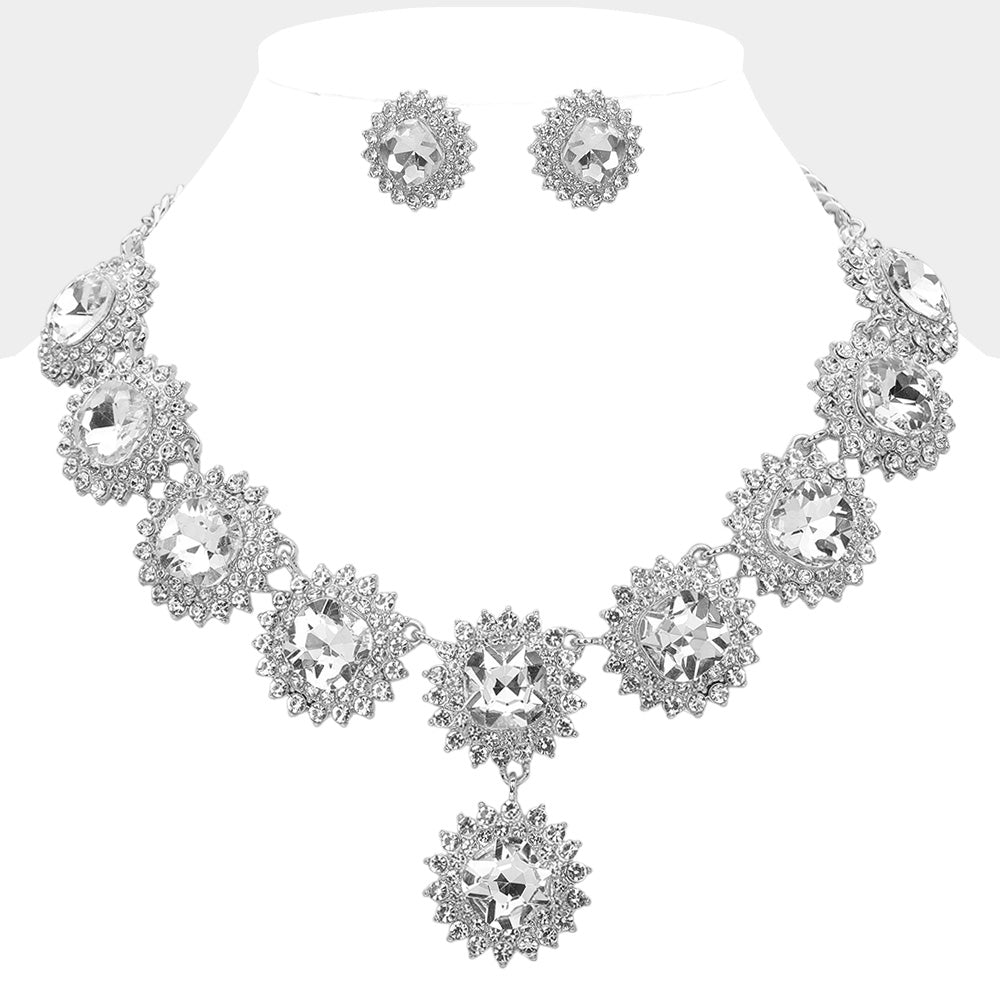Round Glass Stone Cluster Link Evening Necklace