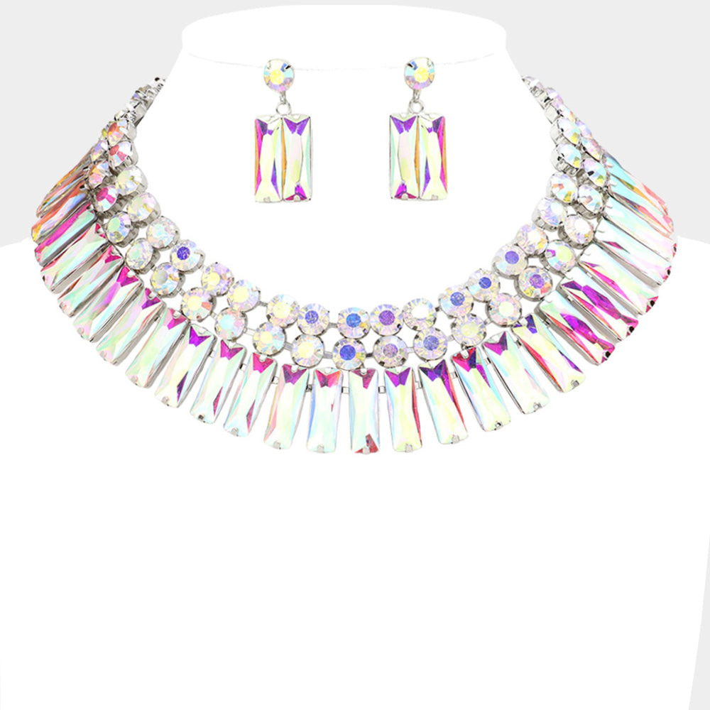 Round Rectangle Stone Cluster Evening Necklace