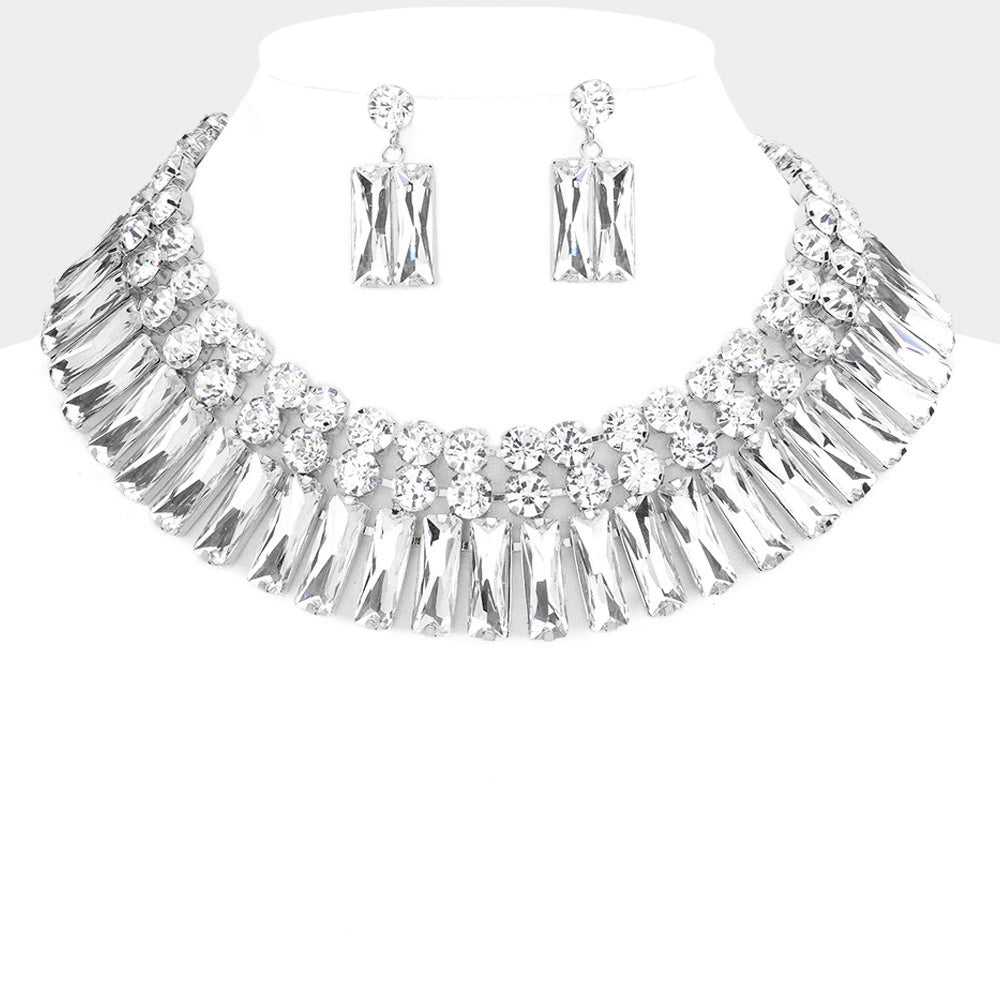 Round Rectangle Stone Cluster Evening Necklace