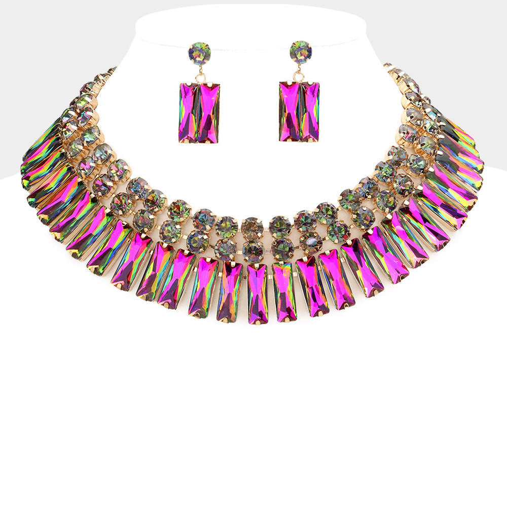 Round Rectangle Stone Cluster Evening Necklace