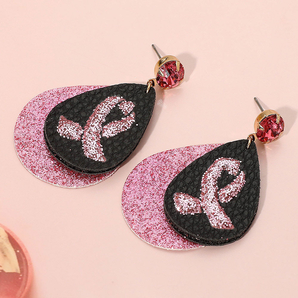 Round Stone Bling Pink Ribbon Accented Teardrop Dangle Earrings