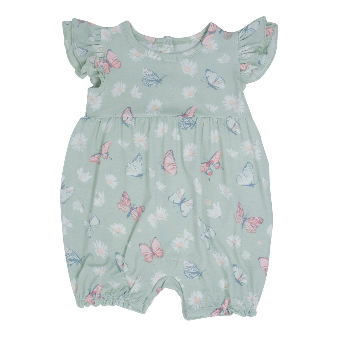Traje Romper de Volantes con Estampado de Mariposas, Margaritas y Bambú Color Menta