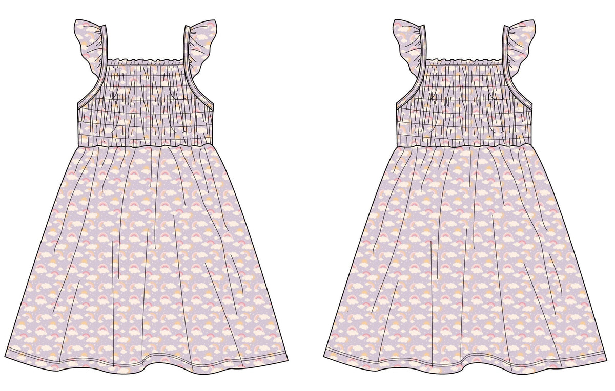 Vestido Vintage Fruncido Lavanda Arcoíris y Nubes