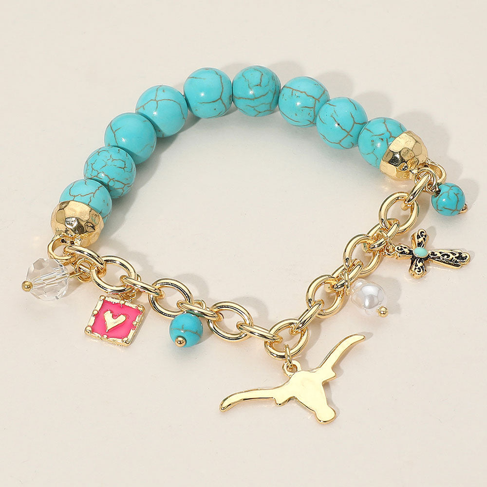 SECRET BOX Western Steer Head Cross Heart Pearl Charm Beaded Stretch Bracelet